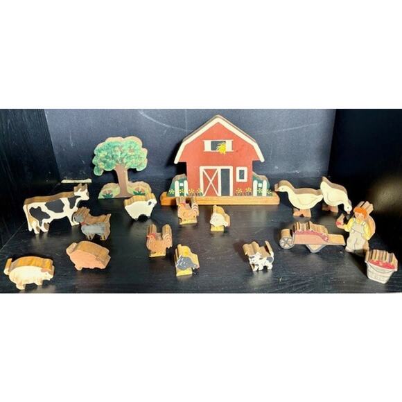 Vintage Wooden Handcrafted Farm Animals Lot of 17 , Some Named Signed and Dated